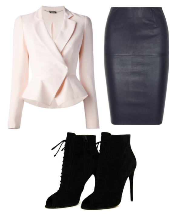 light pink fitted cross jacket, black knee length fitted leather skirt, black laced 4 inch heeled boots