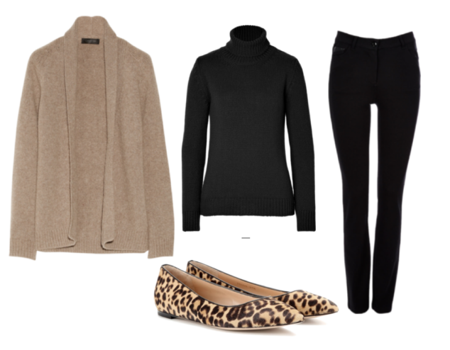 brown woman's sweater, black turtle kneck, black fitted skinny jeans, leopard flats