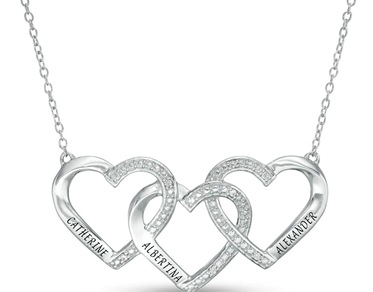 Mother's Diamond Accent Beaded Engravable Interlocking Hearts Trio Necklace in Sterling Silver 