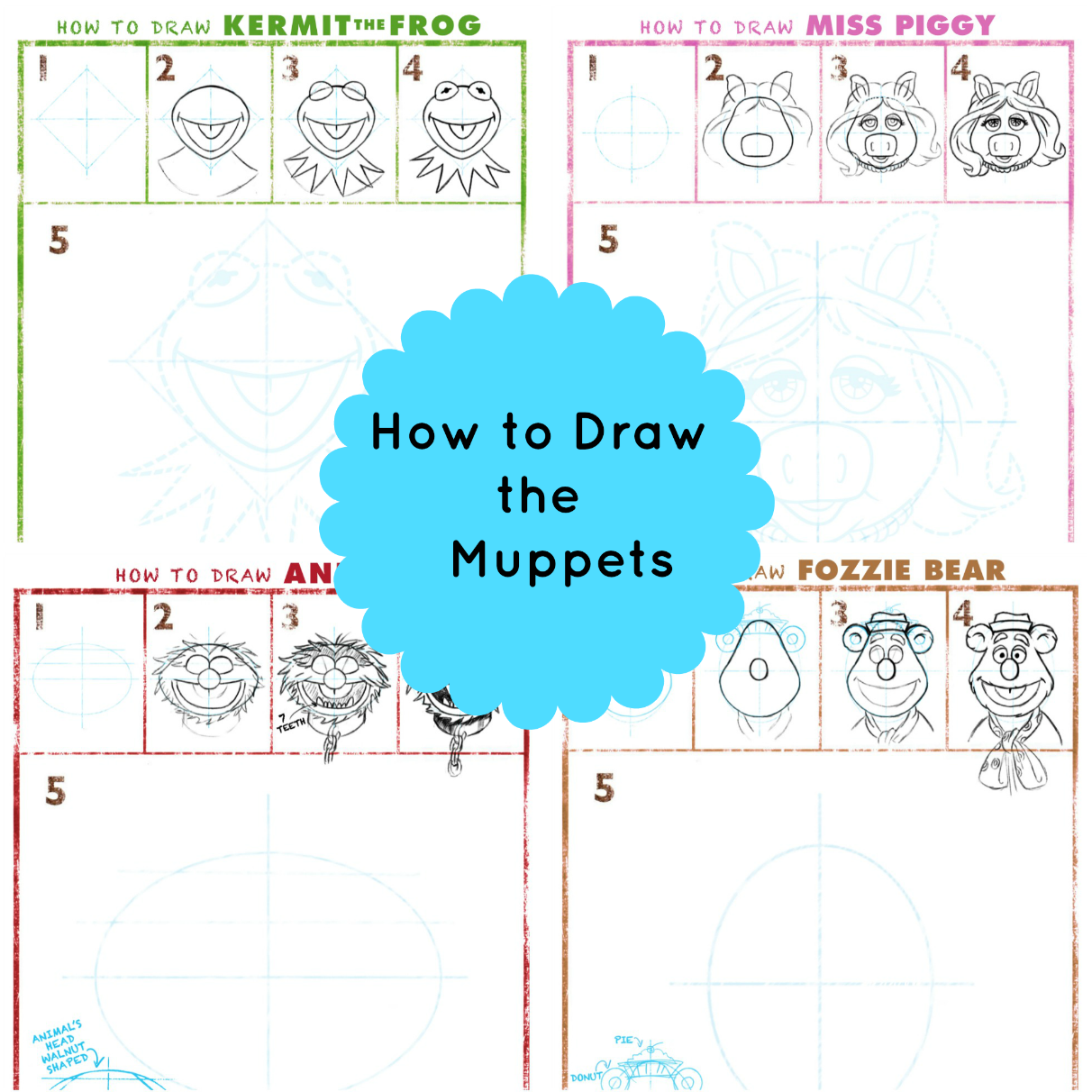 How to Draw the MUPPETS: Kermit, Miss Piggy, Animal, Fozzie Bear and